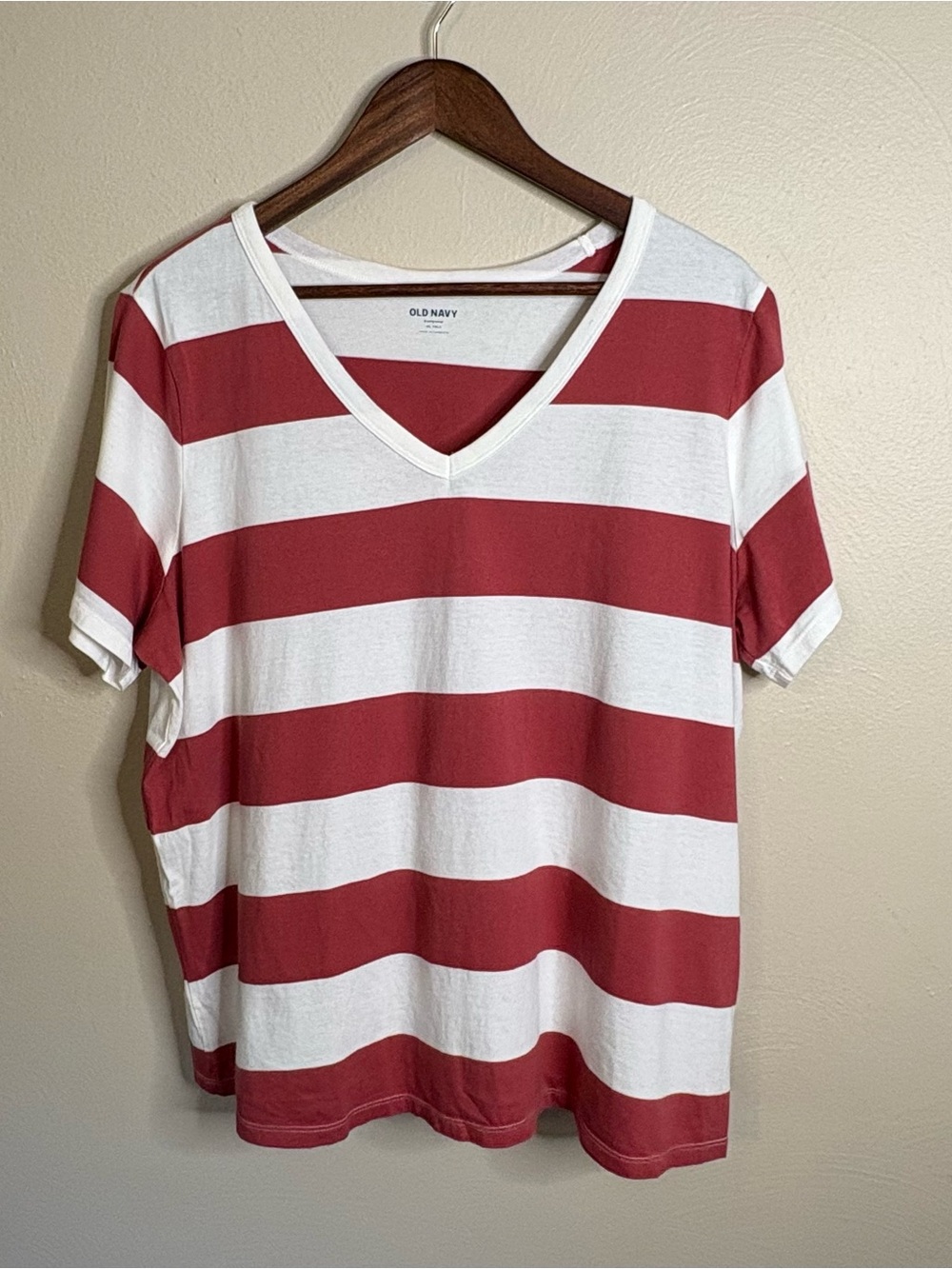 NWT Old Navy Rust Red & White Striped V-Neck Tee XL Tall Cotton Top Basic Preppy